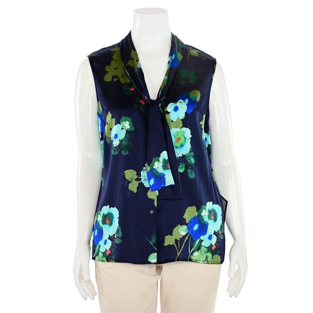 NWT $395 St. John Knits Silk Floral Tie-Neck Shell in Navy Multi sz 16